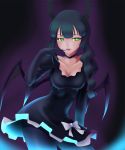  akimichi black_gloves black_hair black_rock_shooter bow breasts choker cleavage dead_master dress elbow_gloves frills gloves glowing_eyes green_eyes horns long_hair pantyhose solo twintails wings 