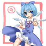  ? bloomers blue_dress blue_eyes blue_hair blush bow cirno dress dress_lift hair_bow hand_on_hip ice pointing short_hair smile solo touhou wind_lift wings yayoi_(egoistic_realism) ⑨ 