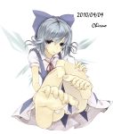  :&gt; absurdres bad_feet barefoot blue_eyes blue_hair bow character_name cirno eyelashes feet foreshortening hair_bow highres looking_at_viewer muso-comet pov_feet short_hair sitting smile soles solo toenails toes touhou wings 