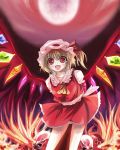  blonde_hair fang fire flandre_scarlet full_moon hat highres marionette_(excle) moon open_mouth ponytail red_eyes red_sky short_hair side_ponytail skull sky smile solo touhou wings 