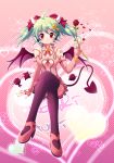  1girl ahoge bow crossed_legs demon_tail demon_wings elbow_gloves fingerless_gloves flower gloves green_hair hair_bow hatsune_miku headset heart heart_hunter horns petals project_diva red_eyes red_rose rose rose_petals sitting smile solo syaron tail thighhighs vocaloid wings 