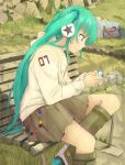  bad_id boots face green_eyes green_hair hatsune_miku headphones ito_to_yuki knee_boots long_hair sitting skirt solo twintails very_long_hair vocaloid 