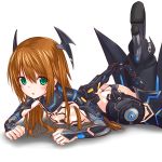  1girl :o ass blush bodysuit brown_hair green_eyes langley1000 legs_up long_hair lying on_stomach phantasy_star_online_2 solo tears zelsius 