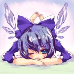  ayase_non barefoot blue_eyes blue_hair bow cirno hair_bow lying on_stomach short_hair solo touhou wings 