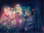  aerial_fireworks aqua_hair fireworks green_eyes hatsune_miku japanese_clothes long_hair night occult_soda smile solo twintails vocaloid 