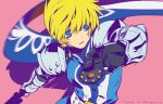  2no armor bad_id belt blonde_hair blue_eyes cape flynn_scifo gauntlets hands male pink_background shoulder_pads simple_background solo surcoat sword tales_of_(series) tales_of_vesperia title_drop weapon 