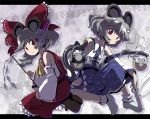  basket bow cosplay detached_sleeves frog gohei grey_hair hair_bow hair_ornament hakurei_reimu hakurei_reimu_(cosplay) kochiya_sanae kochiya_sanae_(cosplay) mouse mouse_ears mouse_tail nazrin red_eyes shope short_hair snake tail touhou 