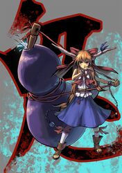  bow chain cuffs gourd hair_bow horns ibuki_suika long_hair mismi open_toe_shoes orange_hair oversized_object red_eyes solo touhou 