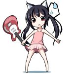  black_hair brown_eyes casual_one-piece_swimsuit cat_ears chibi fang guitar highres instrument k-on! ms-07-b3 nakano_azusa one-piece_swimsuit swimsuit twintails 