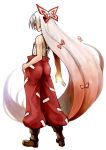  ass bikini_top boots bow fenne from_behind fujiwara_no_mokou hair_bow hair_ribbon highres long_hair ofuda pants phenne red_eyes ribbon sidelocks solo standing suspenders touhou very_long_hair white_hair 