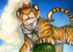 clouds food from_below fruit holding holding_fruit sky tiger toramaru_shou toramaru_shou_(tiger) touhou upg watermelon 