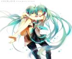  aqua_eyes aqua_hair barefoot carrying closed_eyes dual_persona feet genderswap hatsune_miku hatsune_mikuo i-riya long_hair necktie no_legwear princess_carry simple_background skirt smile twintails very_long_hair vocaloid 