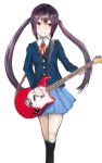 black_hair grin guitar instrument k-on! kneehighs long_hair nakano_azusa ria:yonmarugo ribbon school_uniform simple_background skirt smile socks solo twintails 