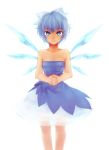  adult bad_id bare_shoulders blue_eyes blue_hair bow cirno dress hair_bow hands highres meimone see-through short_hair smile solo touhou wings 