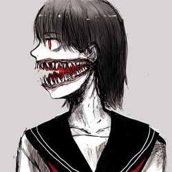  bad_id black_hair glasgow_smile highres red_eyes school_uniform sharp_teeth teeth unknown_(artist) youkai 