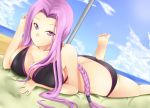  1girl bare_legs bare_shoulders barefoot beach bikini breasts cleavage cloud dutch_angle fate/stay_night fate_(series) foreshortening highres huge_breasts long_hair lying mayura_90 medusa_(fate)_(all) moe on_stomach purple_eyes purple_hair rider swimsuit violet_eyes 