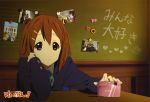  brown_eyes brown_hair camera chalkboard classroom desk hair_ornament hairclip highres hirasawa_yui k-on! official_art photo_(object) school_uniform short_hair solo translated 