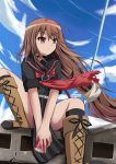  boots brown_eyes brown_hair cloud clouds hand_between_legs long_hair ookami-san ookami-san_to_shichinin_no_nakamatachi ookami_ryouko rayhwang school_uniform side_slit sitting sky solo 