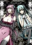  bad_id belt breasts choker cleavage elbow_gloves gloves hatsune_miku highres jewelry long_hair megurine_luka multiple_girls necklace necktie shioaji skirt thigh-highs thighhighs twintails very_long_hair vocaloid 
