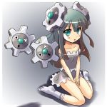  1girl gears gradient_hair green_eyes hair_ornament klink moemon multicolored_hair nail_polish personification pokemon pokemon_(creature) pokemon_(game) pokemon_bw sitting socks tenjou_ryuka wariza 