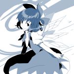  ? bow cirno dress hair_bow hair_ornament monochrome raemz ribbon short_hair smile touhou weee_(raemz) wings 