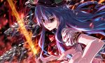  food fruit hat hinanawi_tenshi kabutoyama keystone long_hair peach red_eyes sword sword_of_hisou touhou weapon 