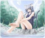  barefoot blue_hair cat_ears cat_tail eichikei_(hakuto) feet feet_in_water foreshortening giantess height_difference long_legs miniboy mouse_ears mouse_tail mouseboy original se_ears size_difference soaking_feet soles solo swimsuit swimswuit tail toes water 