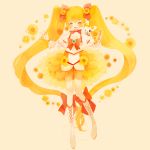  bad_id blonde_hair boots bow brooch choker closed_eyes cure_sunshine dress flower hair_ribbon heartcatch_precure! instrument jewelry knee_boots long_hair magical_girl midriff myoudouin_itsuki navel pechika potpourri_(heartcatch_precure!) potpourri_(precure) precure ribbon shiny_tambourine skirt standing tambourine twintails very_long_hair wink wrist_cuffs yellow yellow_background yellow_dress 