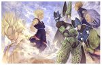  aura blonde_hair blue_hair cell_(dragon_ball) cell_junior clenched_hand clenched_hands crossed_arms dragon_ball dragon_ball_z epic fist green_eyes green_skin grin highres katsutake male multiple_boys muscle piccolo profile purple_hair silver_hair smile son_gohan son_goku son_gokuu spiked_hair spiky_hair super_saiyan super_saiyan_2 torn_clothes trunks_(dragon_ball) vegeta 
