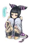  baggy barefoot dirty_feet feet fingerless_gloves gloves han_juri nail_polish pants soles street_fighter street_fighter_iv toeless_socks toes violet_eyes wound 