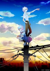  bird egg electrical_pole gainaxtop nagisa_kaworu neon_genesis_evangelion on_top_of_pole power_lines school_uniform sky sunset telephone_pole wire 