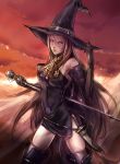  cloud dagger elbow_gloves gloves hat highres kazeno long_hair purple_eyes sketch staff tactics_ogre thighhighs violet_eyes weapon witch_(tactics_ogre) witch_hat 