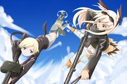   2girls animal_ears blonde_hair blue_eyes clouds erica_hartmann flying goggles gun hanna-justina_marseille komakedara long_hair multiple_girls short_hair sky strike_witches striker_units tail weapon  