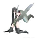  black_hair jet kneeling long_hair mecha_musume military nano original personification simple_background ta_183 thigh-highs thighhighs world_war_ii wwii 