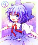  ? blue_eyes blue_hair bow cirno dress fang hair_bow open_mouth riichu short_sleeves solo touhou wink ⑨ 