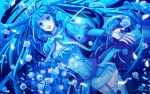  1girl aqua aqua_eyes aqua_hair blue blue_rose bouquet flower hair_ribbon hatsune_miku highres long_hair mikumix moon night polychromatic ribbon rose smile solo thighhighs twintails very_long_hair vocaloid wallpaper yuuno_(yukioka) zettai_ryouiki 