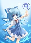  blue blue_eyes blue_hair bow cirno dress fang hair_bow marionette_(excle) mary_janes open_mouth shoes short_hair smile snowflakes socks solo touhou white_socks wings ⑨ 
