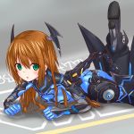  1girl :o ass blush bodysuit brown_hair green_eyes langley1000 legs_up long_hair lying on_stomach phantasy_star_online_2 solo zelsius 