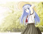  blue_hair forest hat kazoku_keikaku long_hair nature school_uniform serafuku smile soft_beauty straw_hat su... takayashiki_matsuri 
