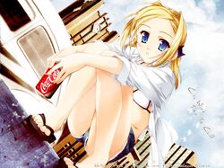  bettou_izumi-shizuka_scarlett bikini_top blonde_hair blue_eyes coca-cola cutoffs denim denim_shorts drink sandals scarlett short_shorts shorts sky soda soft_beauty 