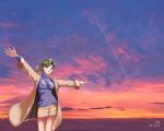  1girl boon cloud coat condensation_trail dated green_hair hatsuseno_alpha outdoors outstretched_arms pointing ponytail purple_eyes skirt sky soft_beauty solo spread_arms sunset sweater turtleneck wallpaper yokohama_kaidashi_kikou 