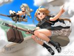  airplane bare_shoulders bloomers blue_eyes boots broom broom_riding brown_eyes brown_hair cloud dress flying gagraphic long_hair luggage multiple_girls pointy_ears riding sano_toshihide sidesaddle sky soft_beauty suitcase wallpaper white_hair 