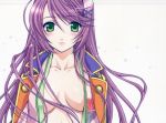  breasts cleavage green_eyes harukanaru_toki_no_naka_de highres kasuga_nozomi long_hair mitsuru_yuki open_clothes open_shirt purple_hair shirt yuuki_mitsuru 
