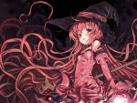  bare_shoulders blush choker cierra dress elbow_gloves flat_chest focke_wulf gloves glowing hat long_hair magic pink_eyes red_eyes red_hair riviera staff very_long_hair wallpaper witch witch_hat 