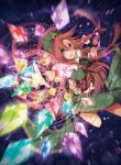  1girl bow braid breasts corset crystal dress green_dress green_eyes hair_bow hat hong_meiling large_breasts long_hair magic_circle open_mouth outstretched_arm outstretched_hand redhead shirt solo star touhou toutenkou twin_braids very_long_hair wrist_cuffs 