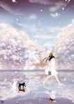 1girl barefoot black_hair cat clouds dress hat highres kurohal long_hair original petals reflection solo walking_on_water water 
