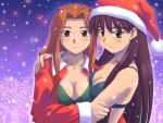  azuma_kiyohiko blush breasts brown_eyes brown_hair christmas cleavage dual dual!_parallel_trouble_adventure hat multiple_girls rara_mitsuki sanada_mitsuki santa_hat wallpaper 