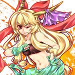  alex alex_(cosplay) blonde_hair bow capcom cosplay discharge_cycle fingerless_gloves gloves hair_bow headband horns ibuki_suika long_hair m.u.g.e.n midriff red_eyes solo street_fighter street_fighter_iii:_3rd_strike touhou tubetop wink 