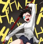  black_hair blush brown_eyes drunk eyepatch long_hair open_mouth ponytail sakamoto_mio sheath solo soubi strike_witches swimsuit swimsuit_under_clothes sword unsheathing weapon 