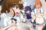  apron blush brown_hair glass_crack glasses hair_ornament hairpin inami_mahiru orange_hair pov purple_hair saisentan_senshi_takamine takamine_(smdx) takanashi_nazuna taneshima_popura thighhighs waitress working!! yamada_aoi 